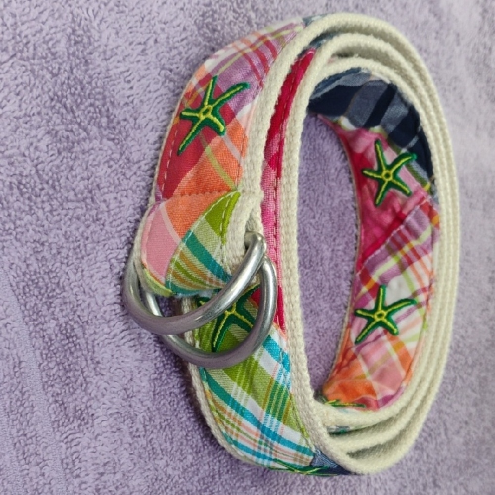 L.L. Bean Multicolor Plaid Belt with Silver Buckle Starfish Prints Size M/L